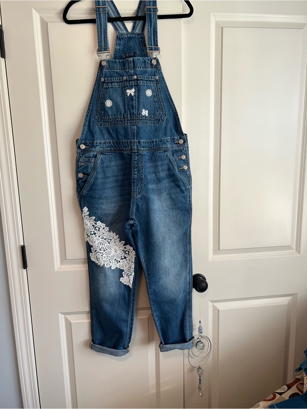 GAP Blue Denim Overalls with White Lace Applique